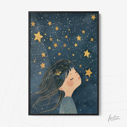 framed wall art of a dreamy girl under a starry sky with black frame
