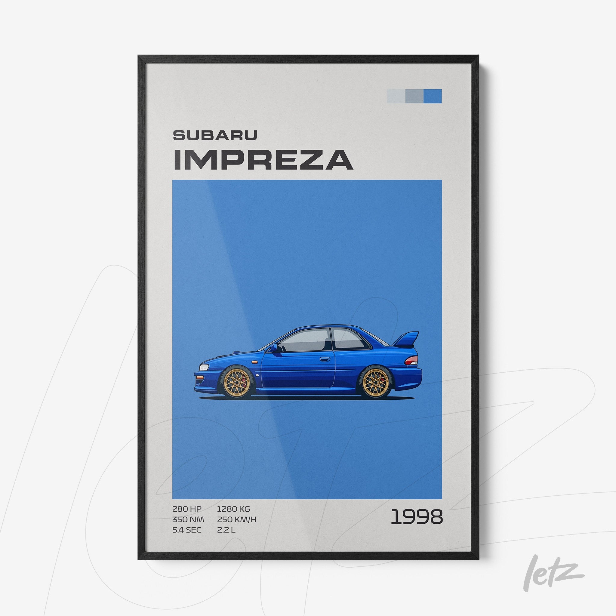 framed digital illustration of Subaru Impreza car on blue background with black frame