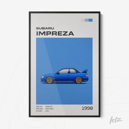 framed digital illustration of Subaru Impreza car on blue background with black frame