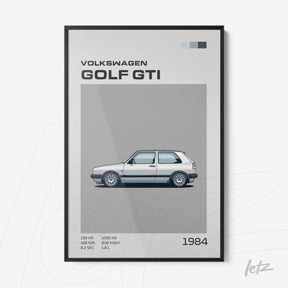 decorative wall art featuring a graphic illustration of Volkswagen Golf GTI in black frame