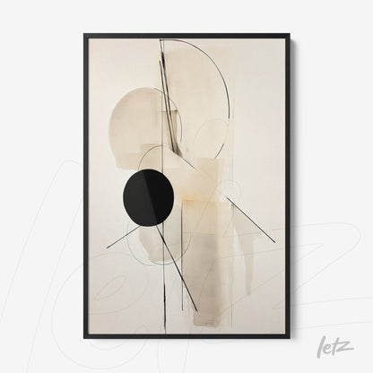 abstract wall art in neutral tones featuring curved shapes and straight lines with a prominent black circle and a slim black frame