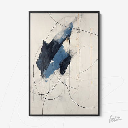 abstract wall art featuring blue brushstrokes and black lines on white background with black frame