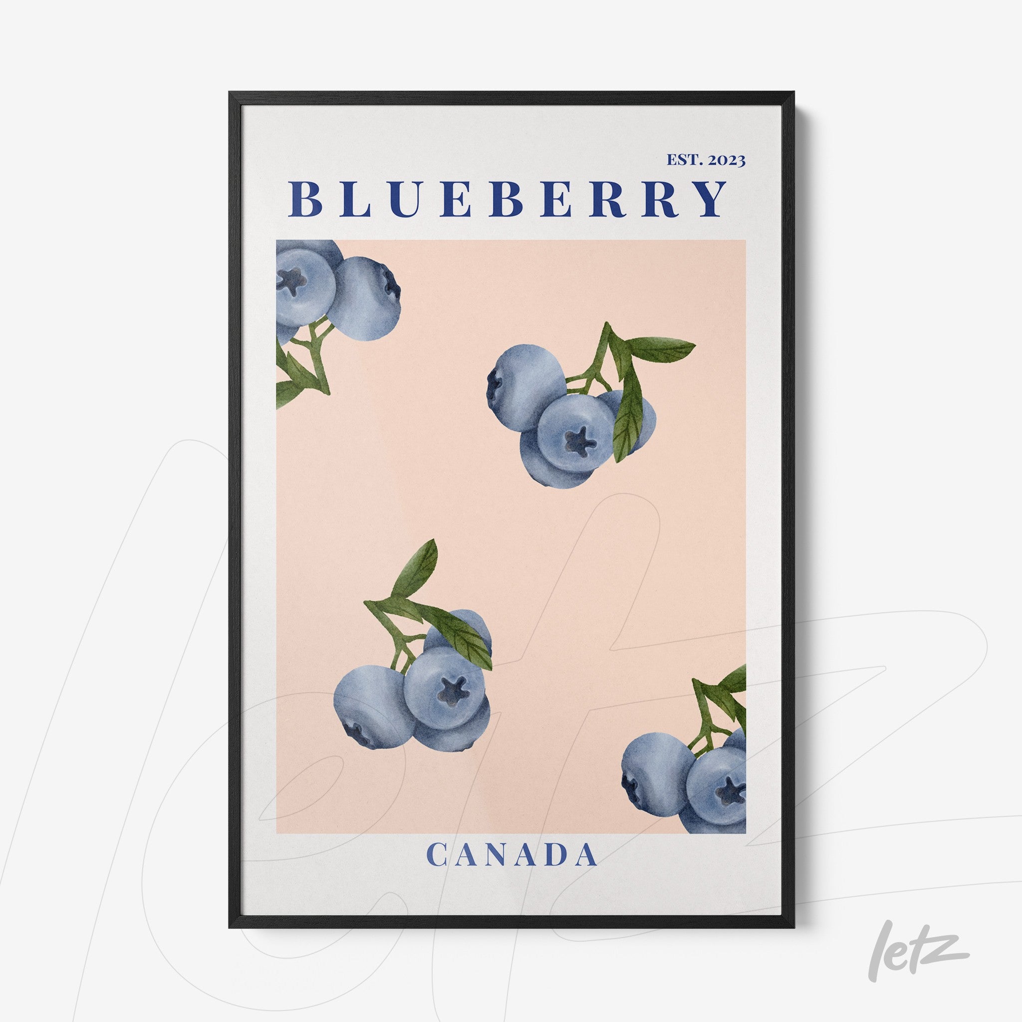framed watercolor art of blueberries on light pink background with black frame
