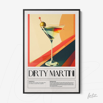 framed art print featuring a modern illustration of a dirty martini cocktail with a black frame and colorful gradient background