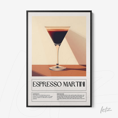 framed art of espresso martini cocktail in a sleek black frame