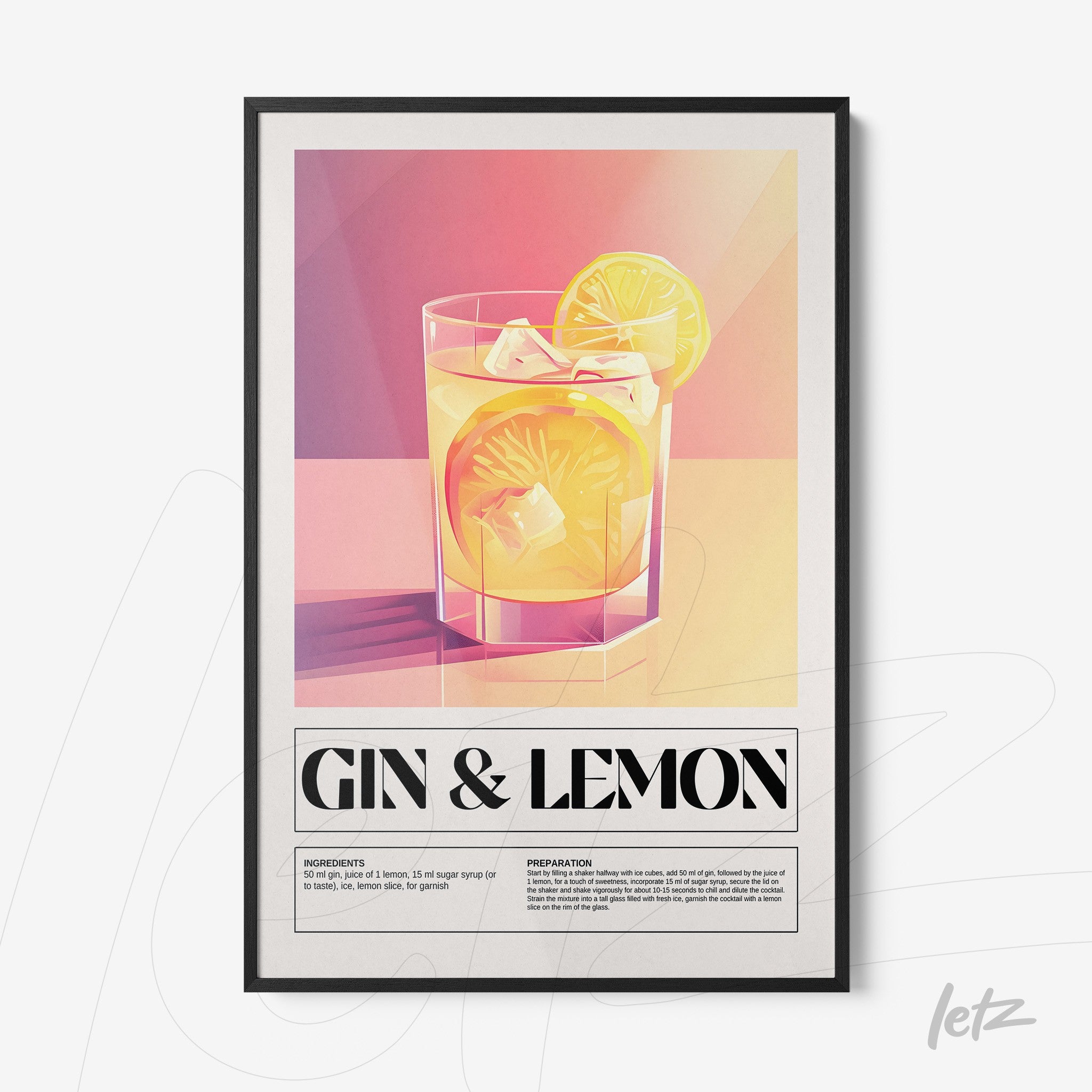 framed artwork featuring a stylized illustration of gin and lemon cocktail on a pastel gradient background