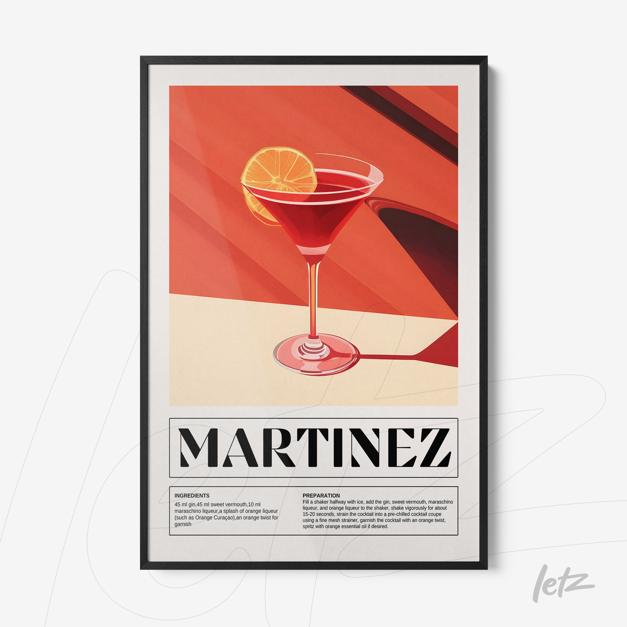 framed retro artwork of martinez cocktail with black frame and background in gradient shades of red