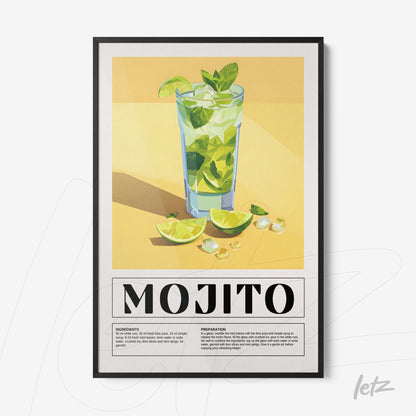 framed artwork featuring a colorful mojito cocktail illustration with a black frame, set against a yellow background with green and white details