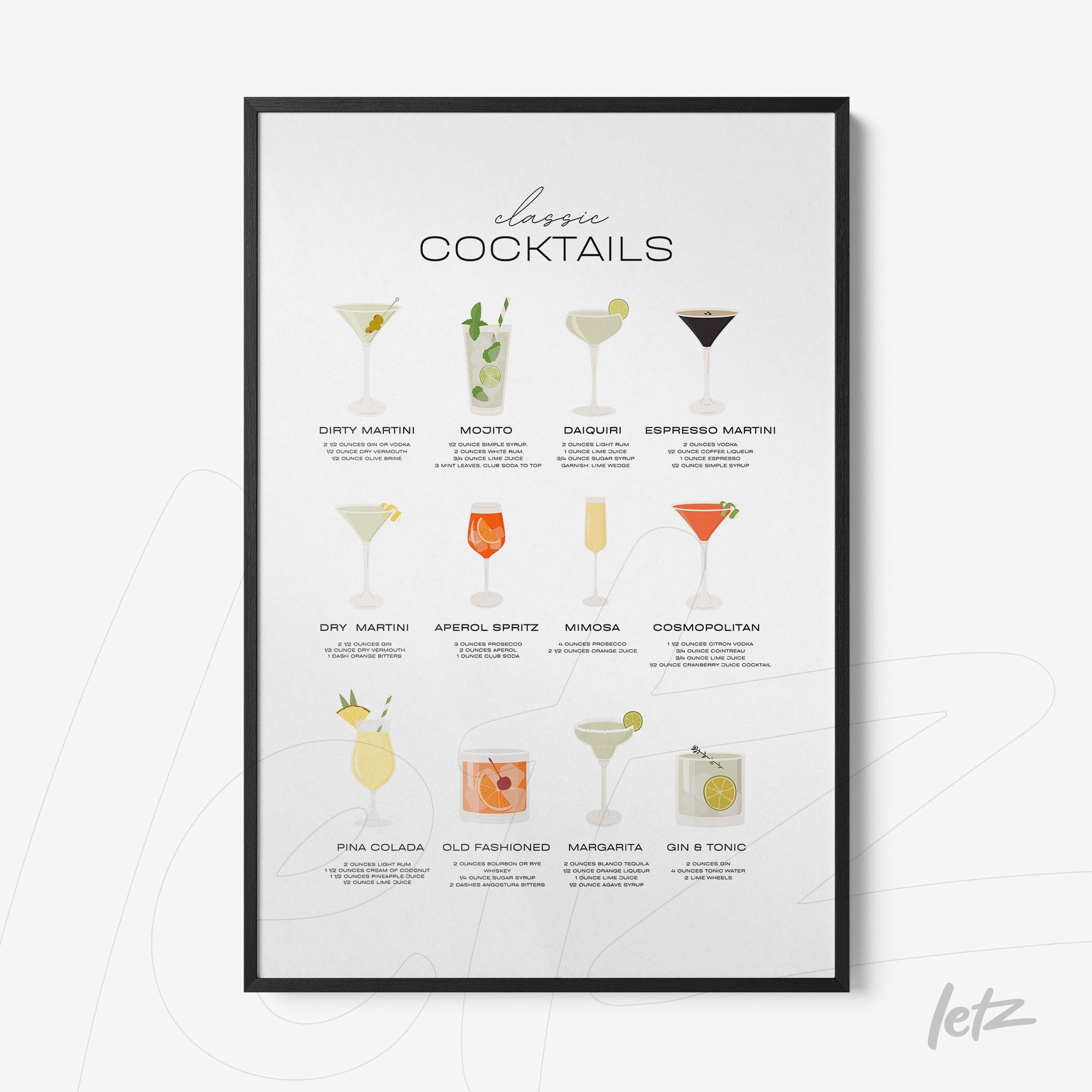 framed wall art featuring classic cocktail illustrations with recipes on a white background