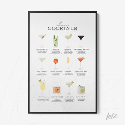 framed wall art featuring classic cocktail illustrations with recipes on a white background