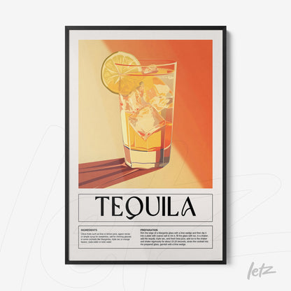 graphic art print of tequila cocktail in black frame with warm gradient background