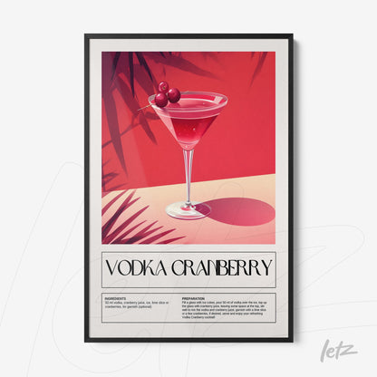 retro style framed art of vodka cranberry cocktail with black frame, featuring a pink background and graphic leaf elements
