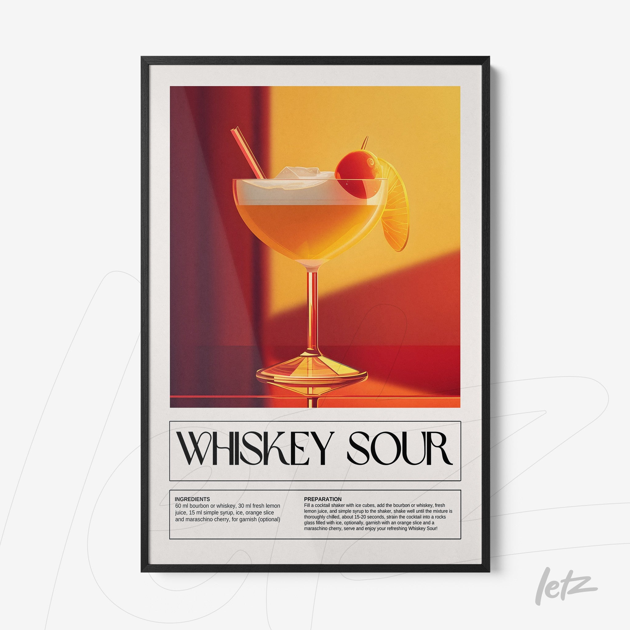 retro style framed art print of whiskey sour cocktail with black thin frame