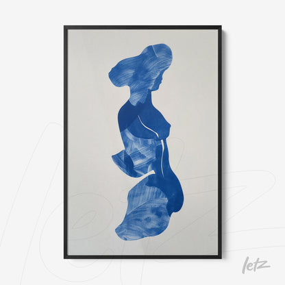 framed wall art featuring an abstract female silhouette in blue tone with black frame