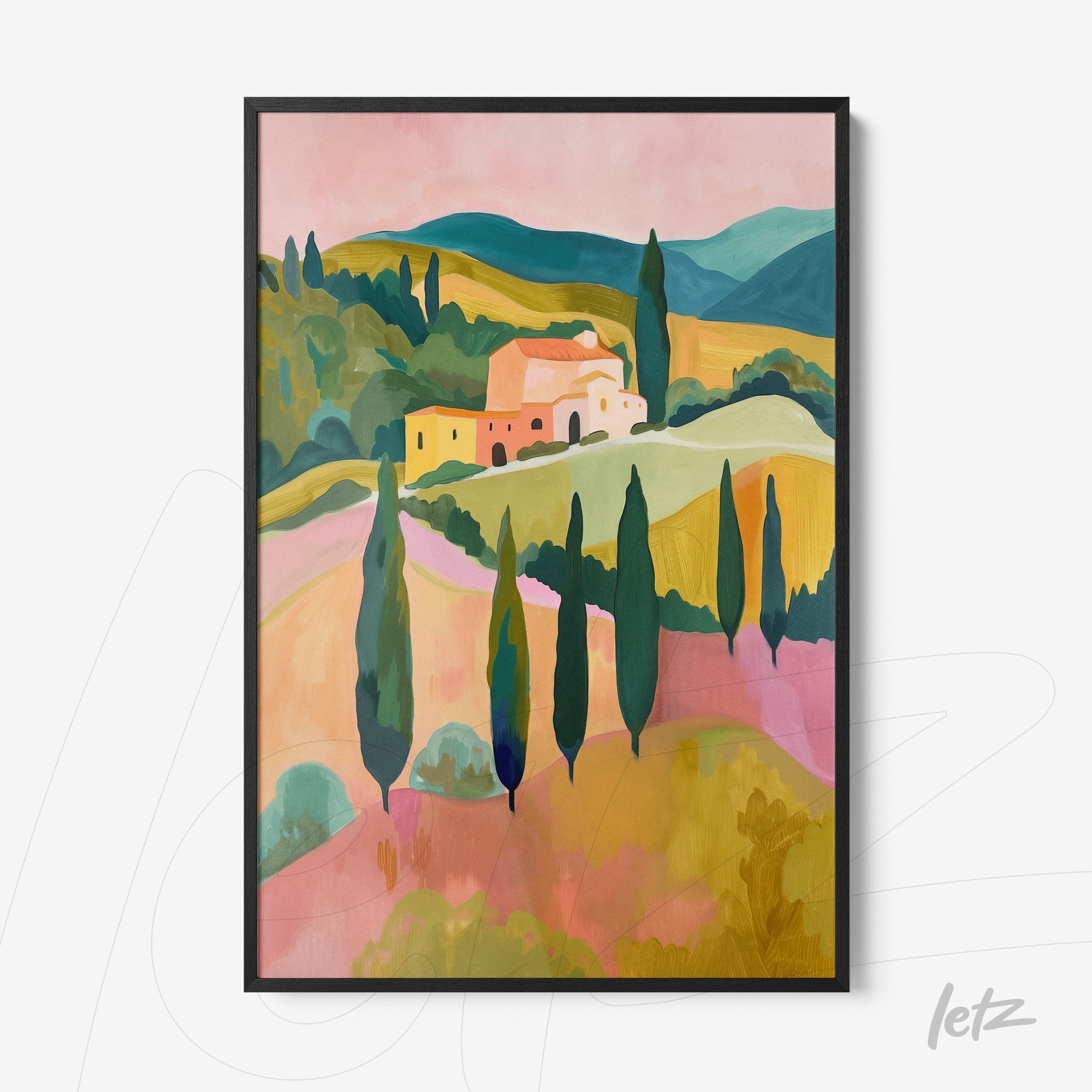 framed wall art featuring a tuscan landscape illustration with green hills and cypress in pastel tones