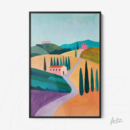 framed wall art depicting a colorful Italian landscape with green hills, pink houses, and rows of cypress trees against a blue sky