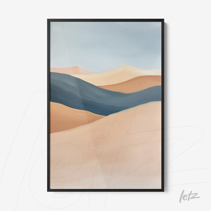 abstract wall art in shades of beige and blue with black frame