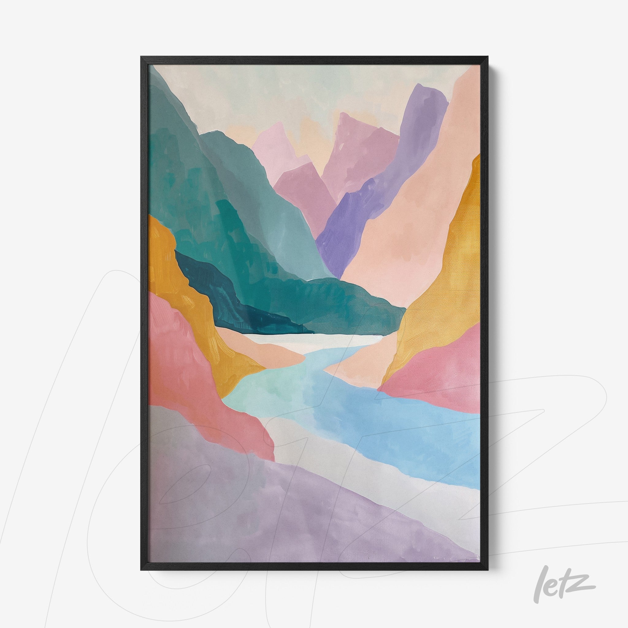 abstract landscape wall art in a black frame featuring colorful mountains and a river