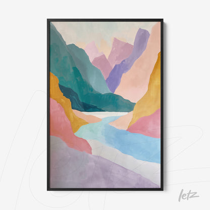 abstract landscape wall art in a black frame featuring colorful mountains and a river