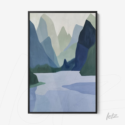 framed wall art featuring an abstract landscape of mountains and a lake in shades of blue and green