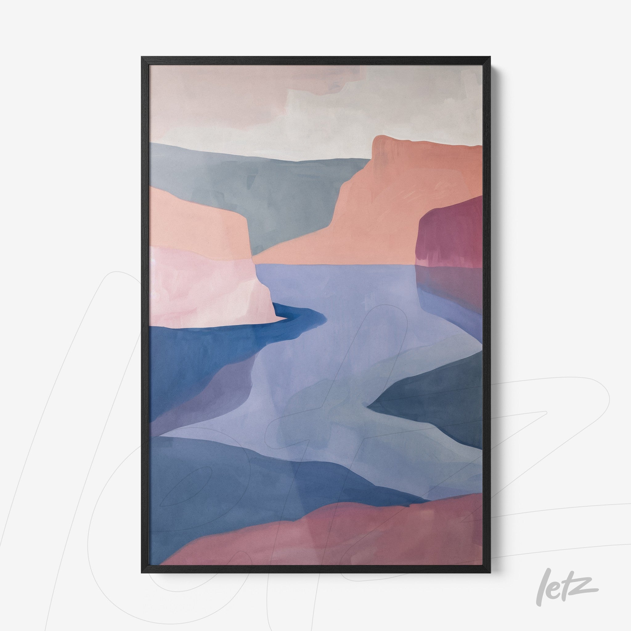 framed artwork featuring abstract pastel mountains and a body of water with a black frame