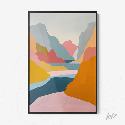 framed abstract art depicting a colorful valley in shades of pink, yellow, and blue