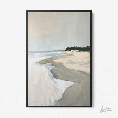 framed abstract art of a serene beach in neutral tones