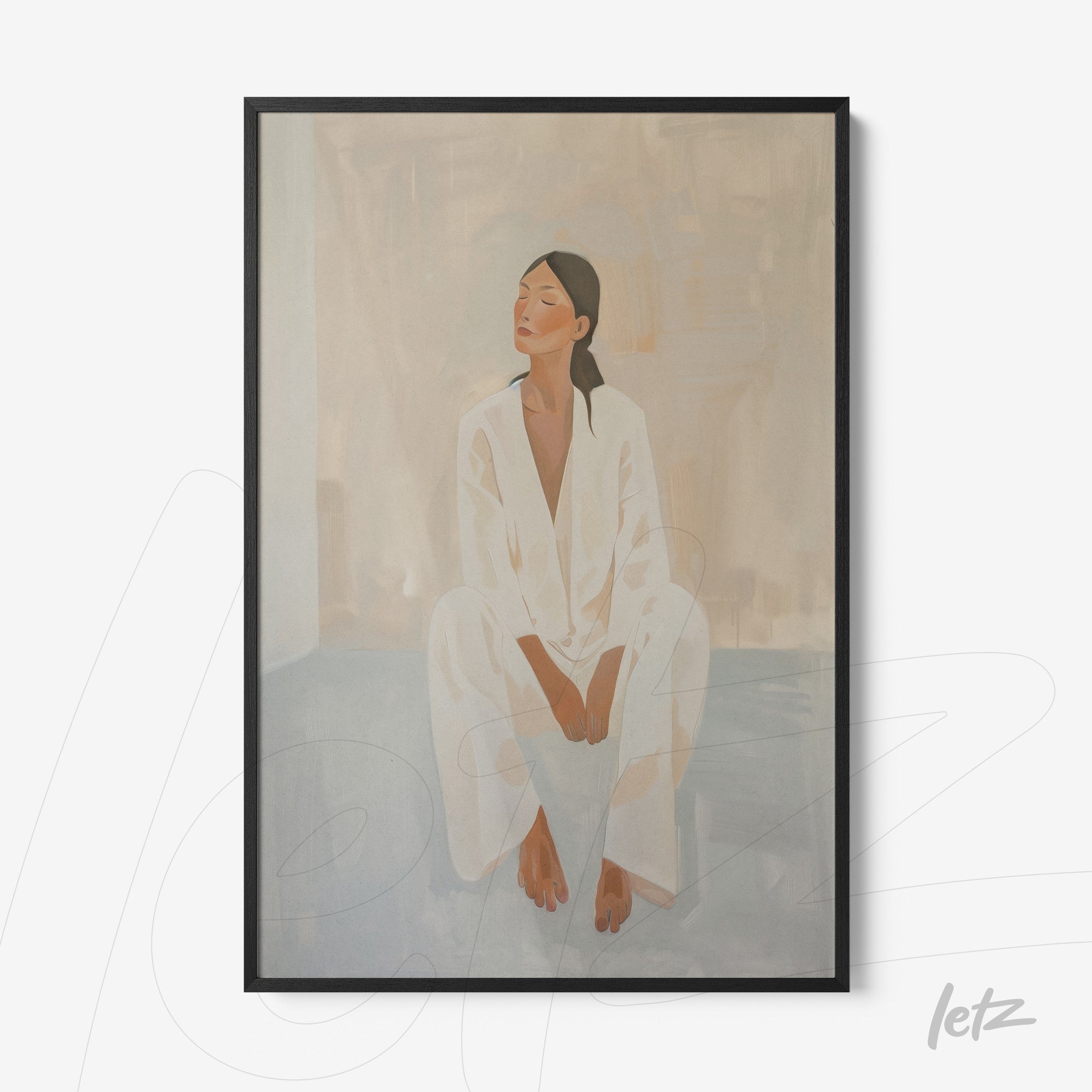 framed wall art featuring an illustration of a seated woman in light white attire