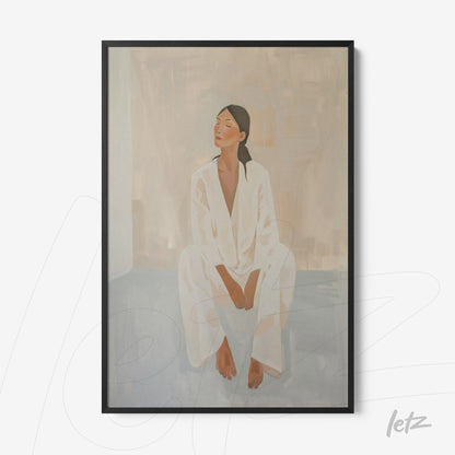 framed wall art featuring an illustration of a seated woman in light white attire