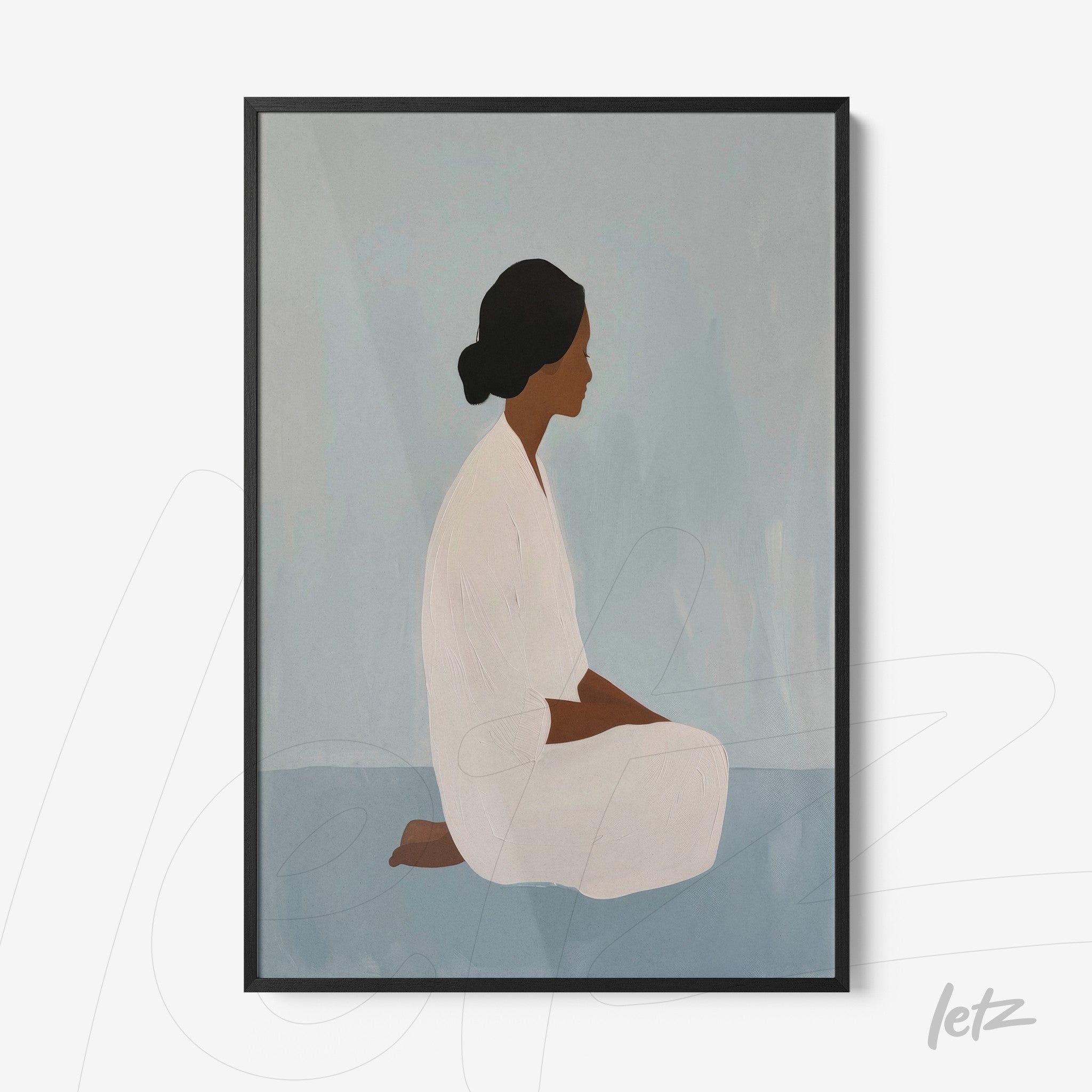 framed art featuring a side profile of a woman seated in a white garment against a soft blue background