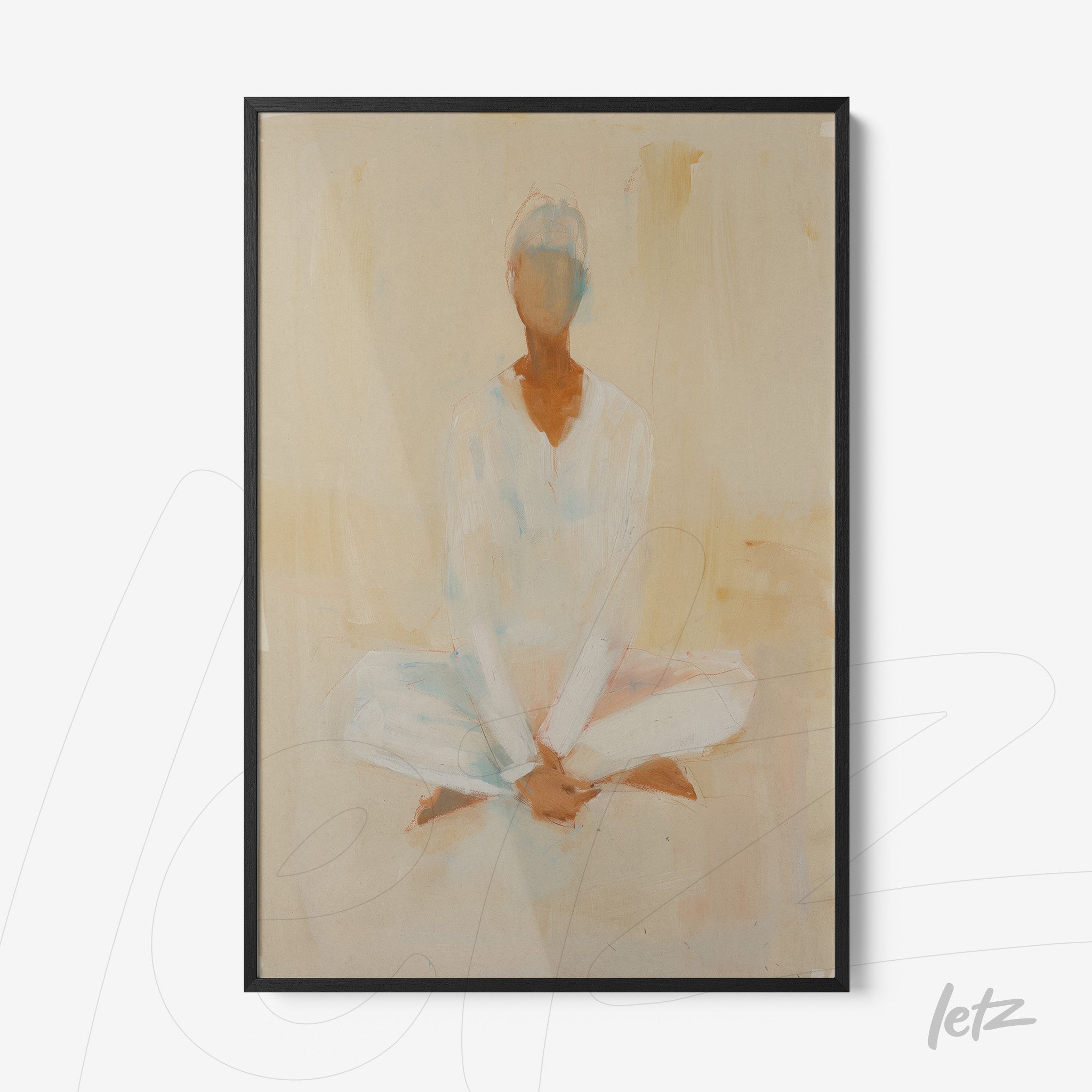 framed abstract artwork of a seated figure in meditation pose with a black frame
