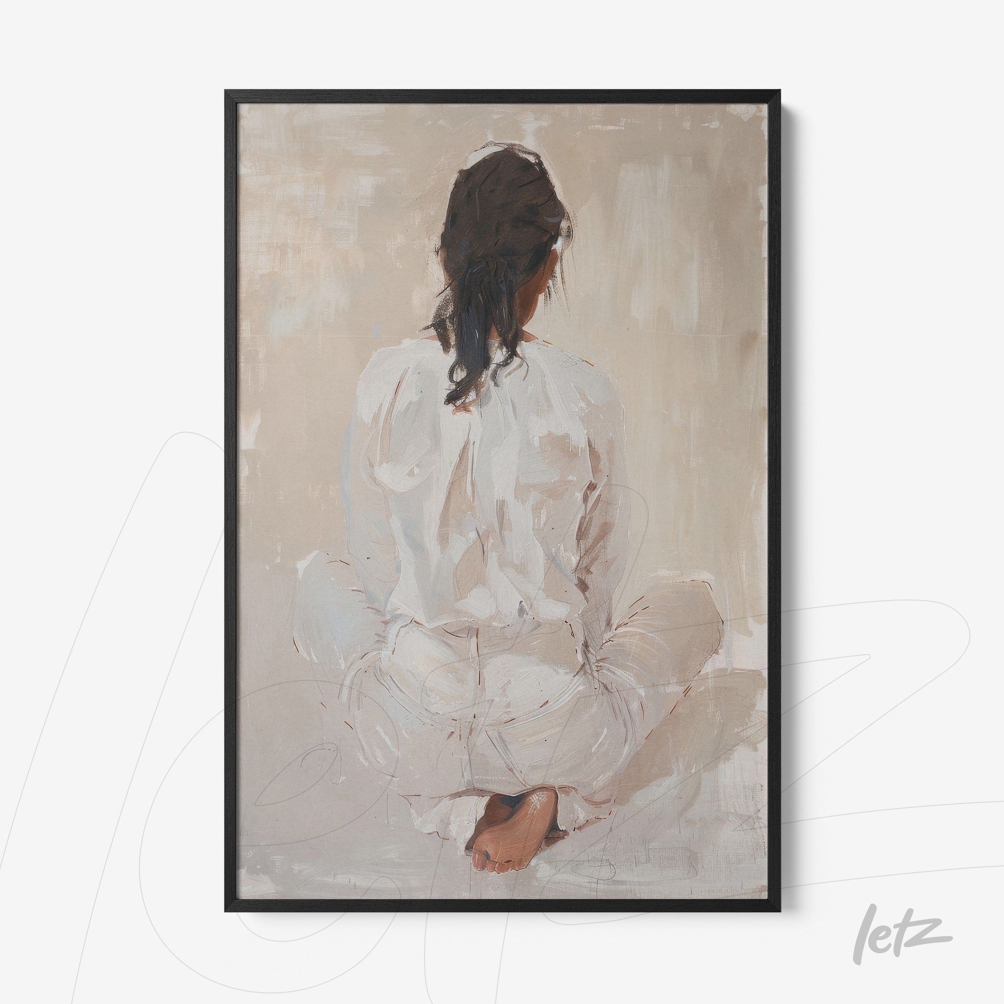 framed art featuring a woman sitting with her back to the viewer, dressed in white clothing