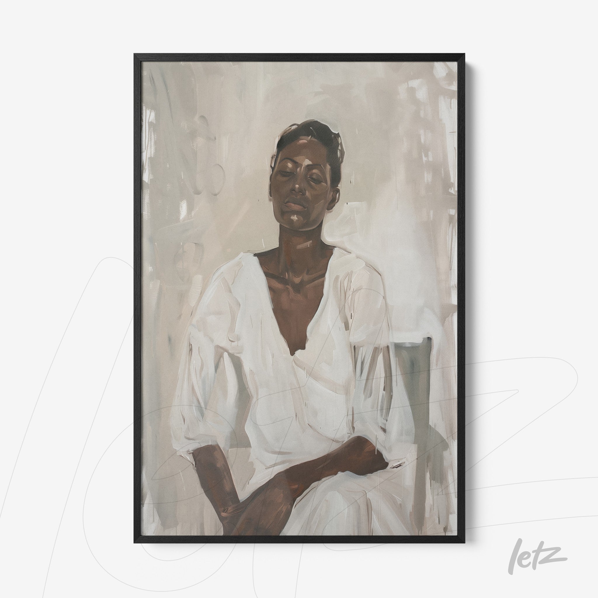 portrait of a serene woman in neutral tones framed in black