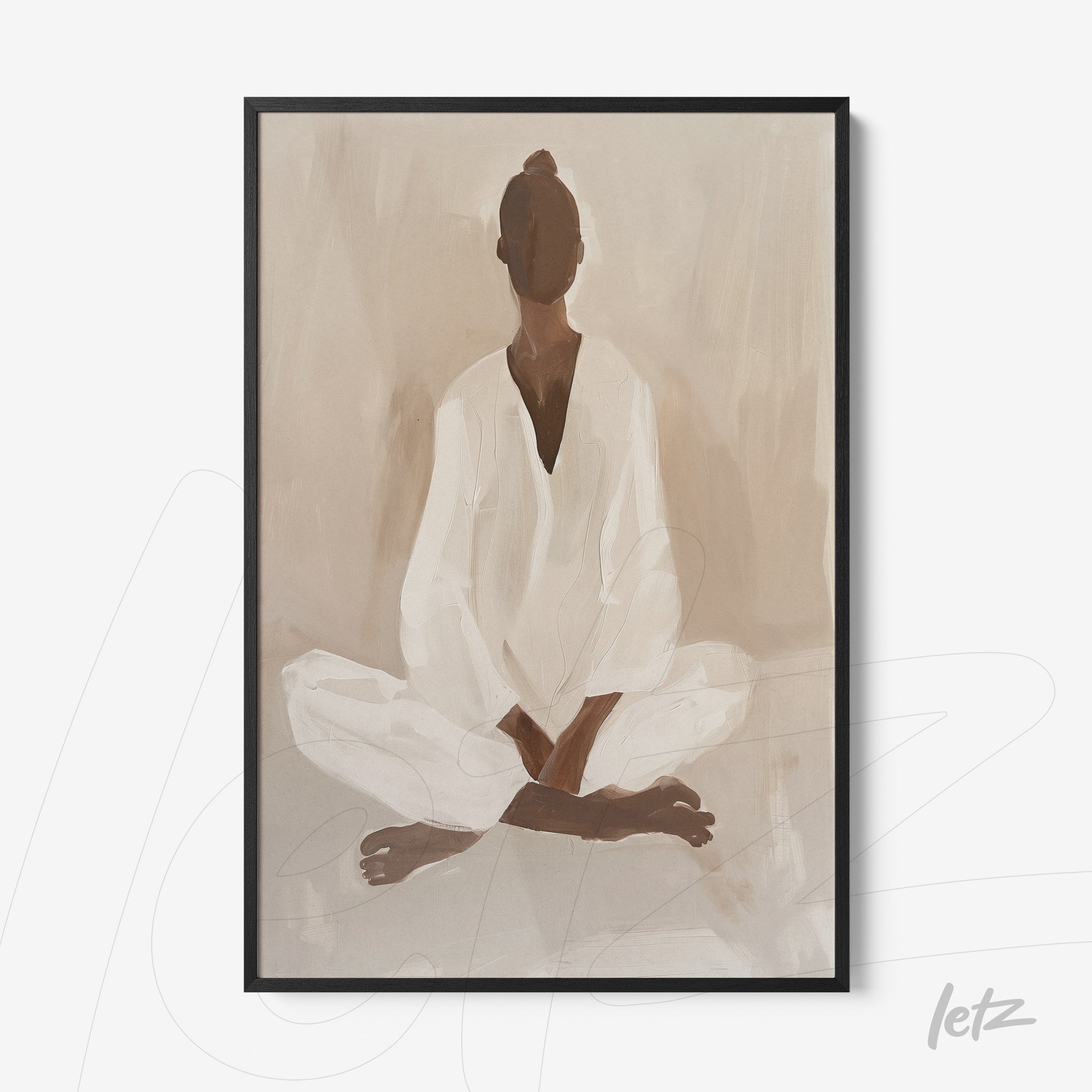 framed art piece featuring a minimalistic illustration of a meditating figure in neutral tones
