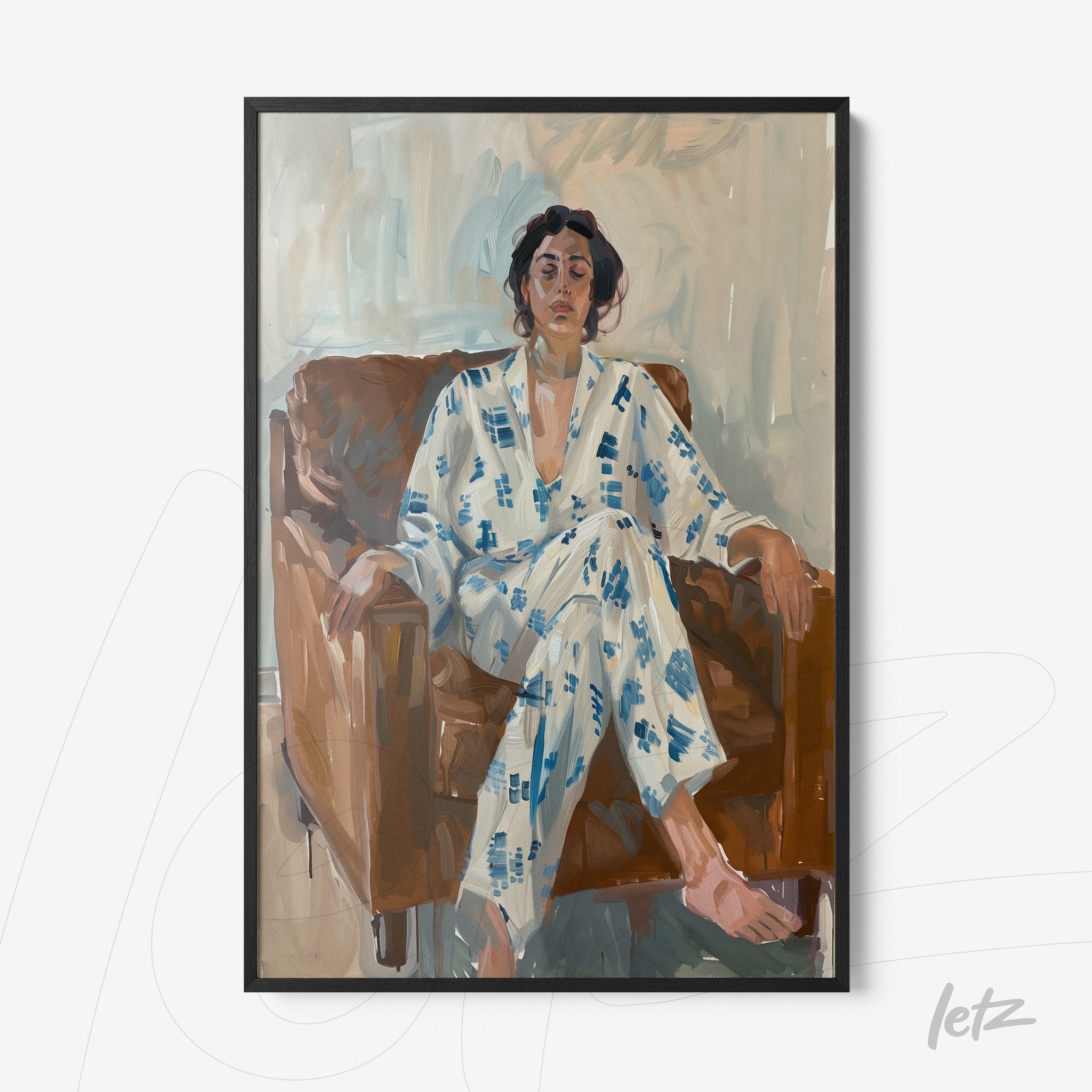 framed artwork depicting a woman sitting on a brown couch wearing a white robe with blue patterns and a serene expression