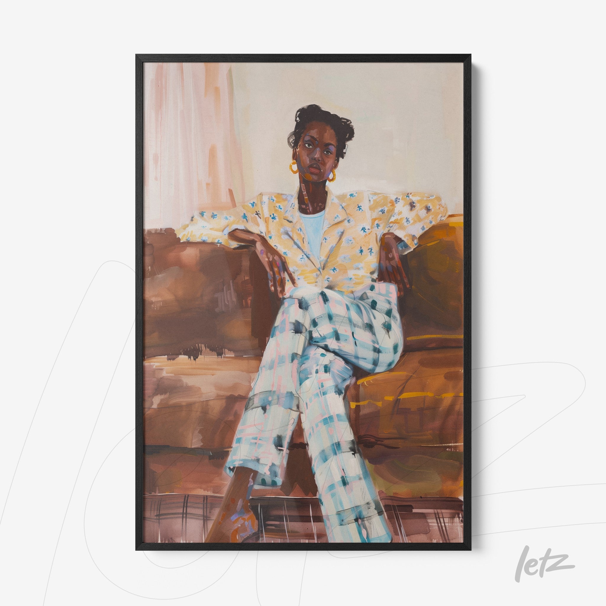 framed artwork depicting a woman sitting on a couch wearing patterned clothes, large earrings, and a long-sleeve yellow jacket