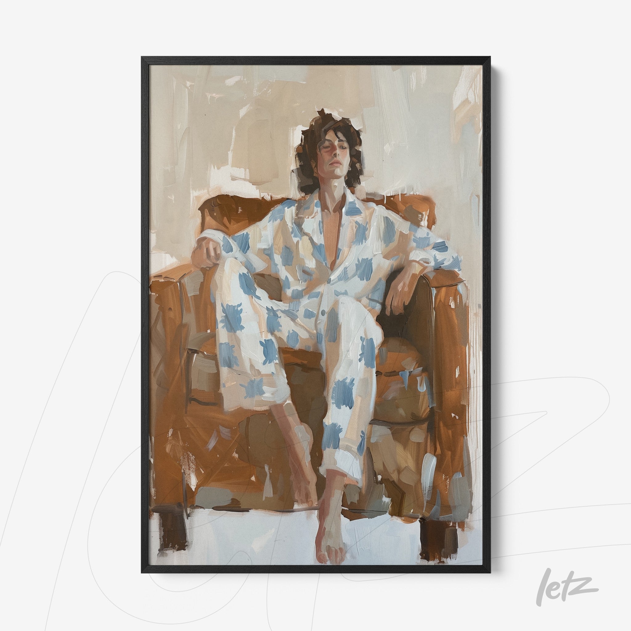 modern framed art featuring a male figure seated on a sofa, dressed in light blue and white pajamas