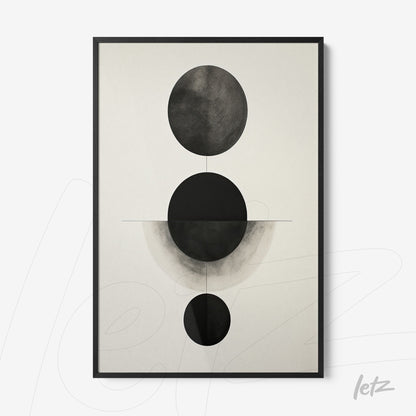 abstract wall art in black and white featuring circles on a light background with a black frame