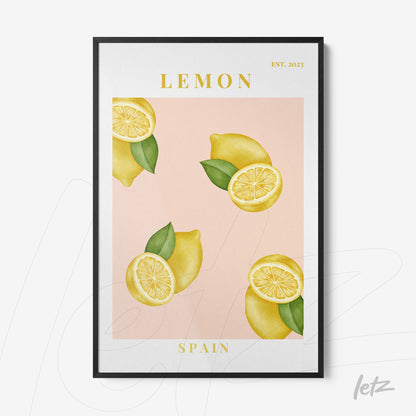 framed artwork featuring lemons on a pink background with black frame and yellow text