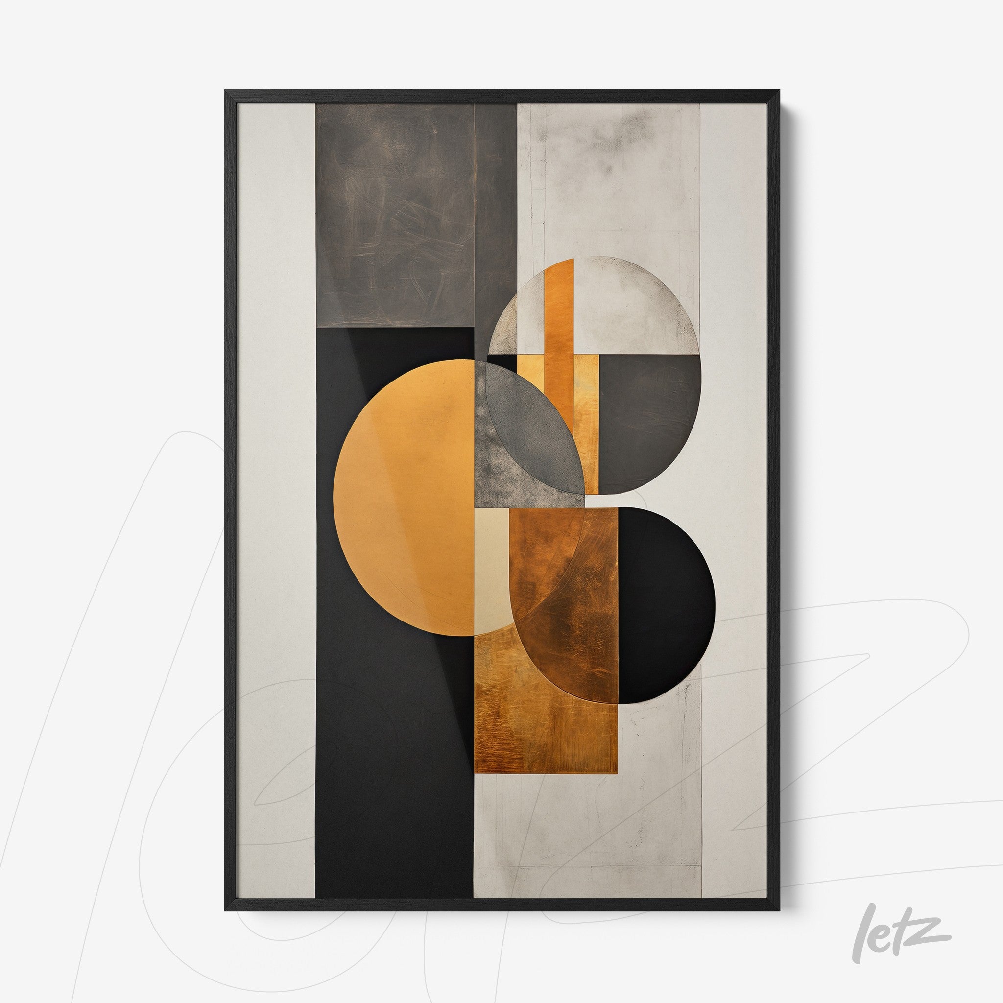 framed abstract art featuring geometric shapes with golden and black circles on a grid background