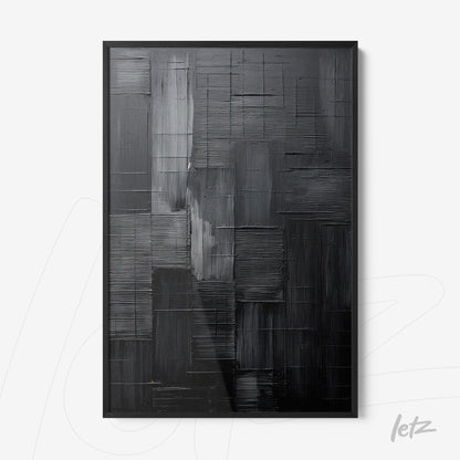 abstract wall art in shades of black featuring a textured pattern with black frame