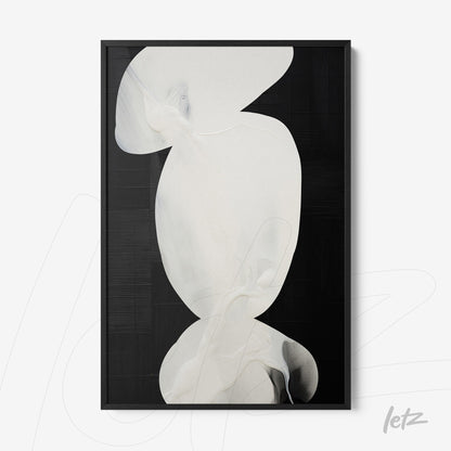 abstract art piece in white tones against a black background, framed in black