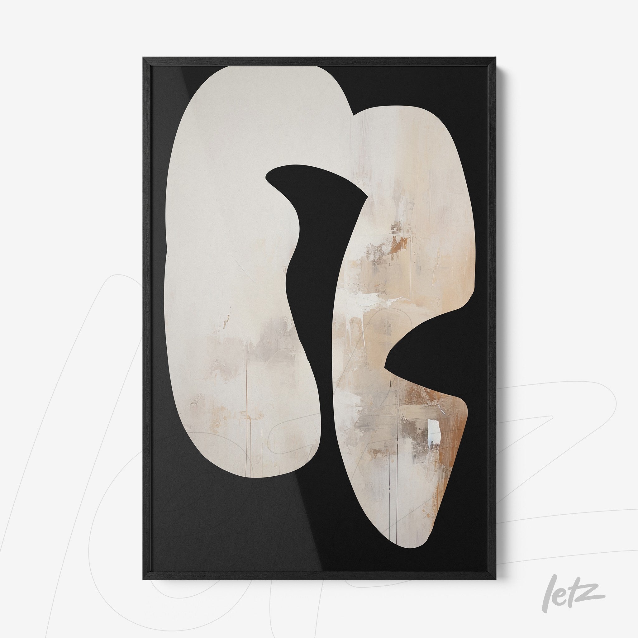 abstract wall art in black frame featuring organic shapes in neutral tones with textured background
