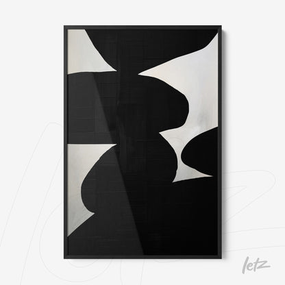 abstract wall art in black and white featuring geometric shapes, framed in black