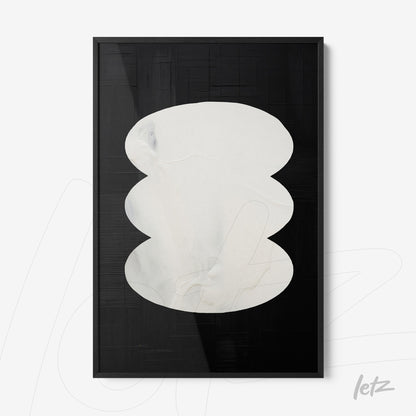 abstract art piece featuring light tones with organic shapes on a black background in a thin frame