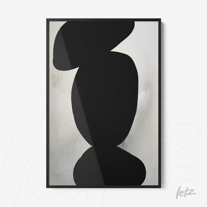 modern framed wall art featuring abstract black shapes on a light background with a thin black frame