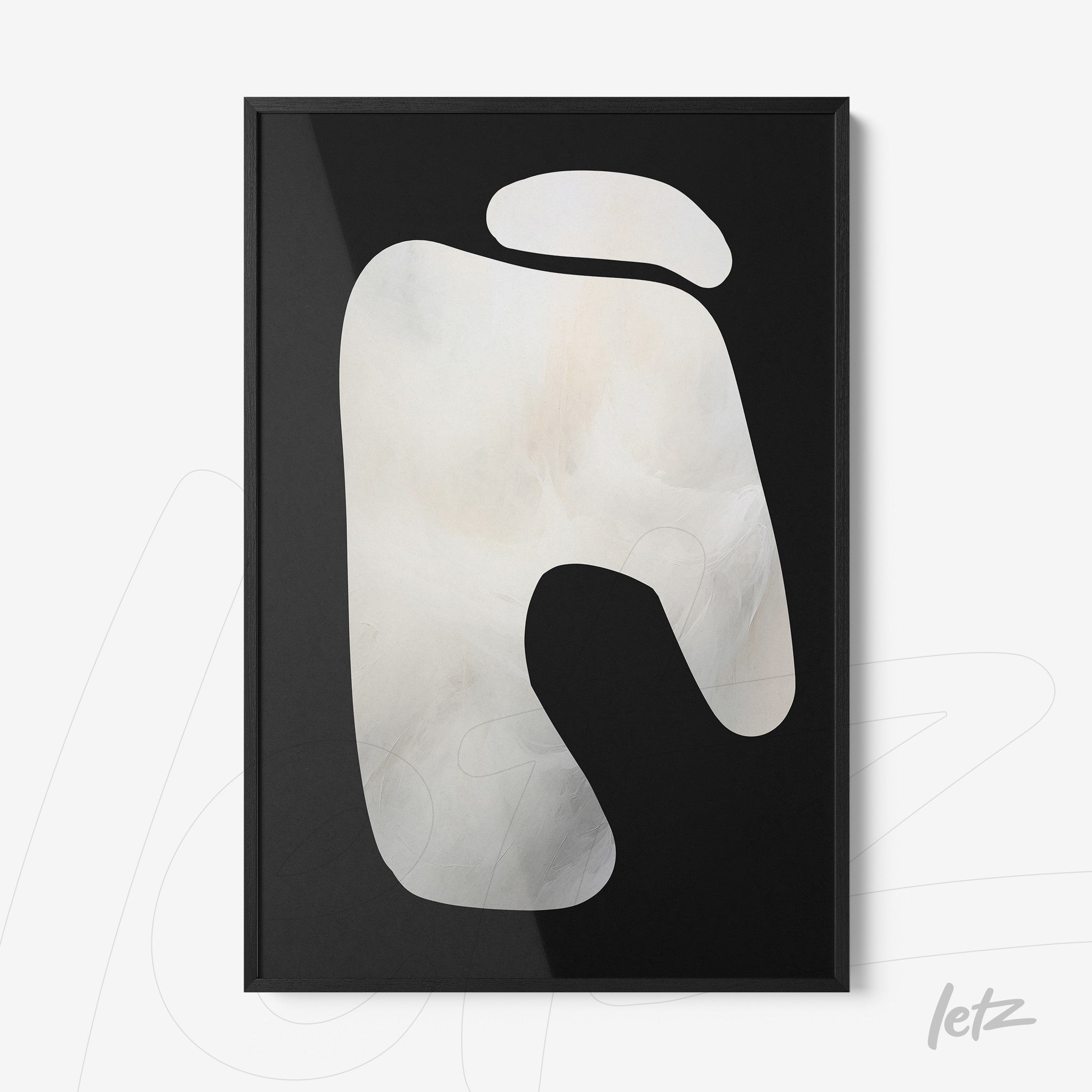 modern abstract wall art featuring organic shapes on black background with thin black frame