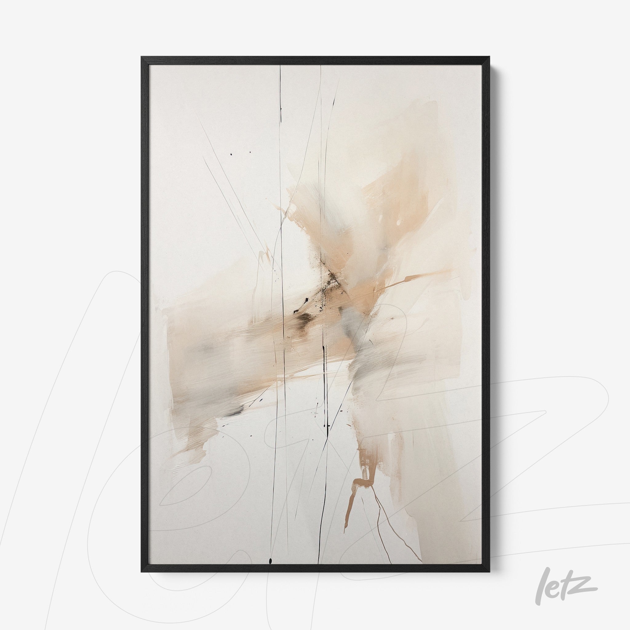 abstract wall art in neutral tones displayed in a black frame