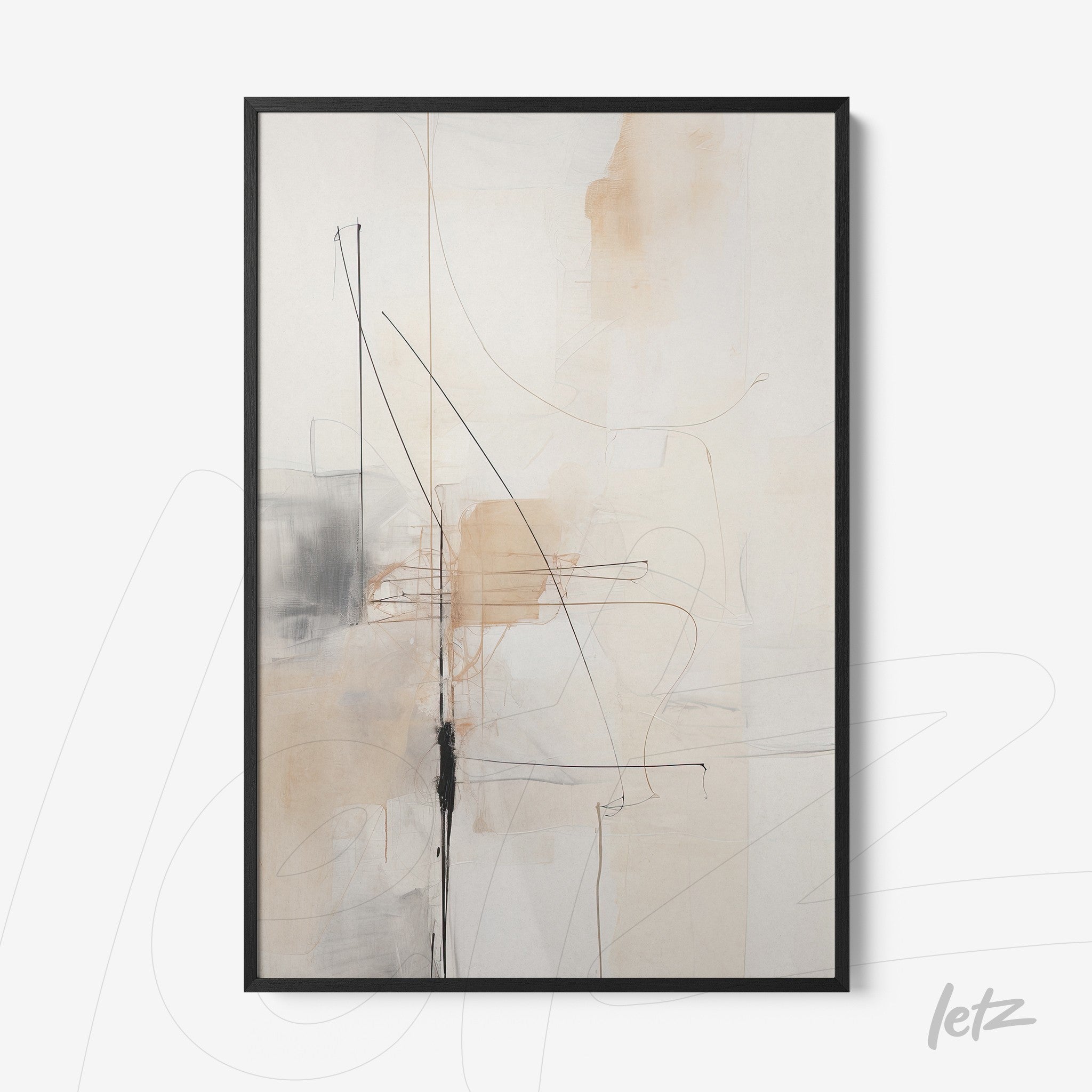 abstract wall art in light tones with black lines, framed in black
