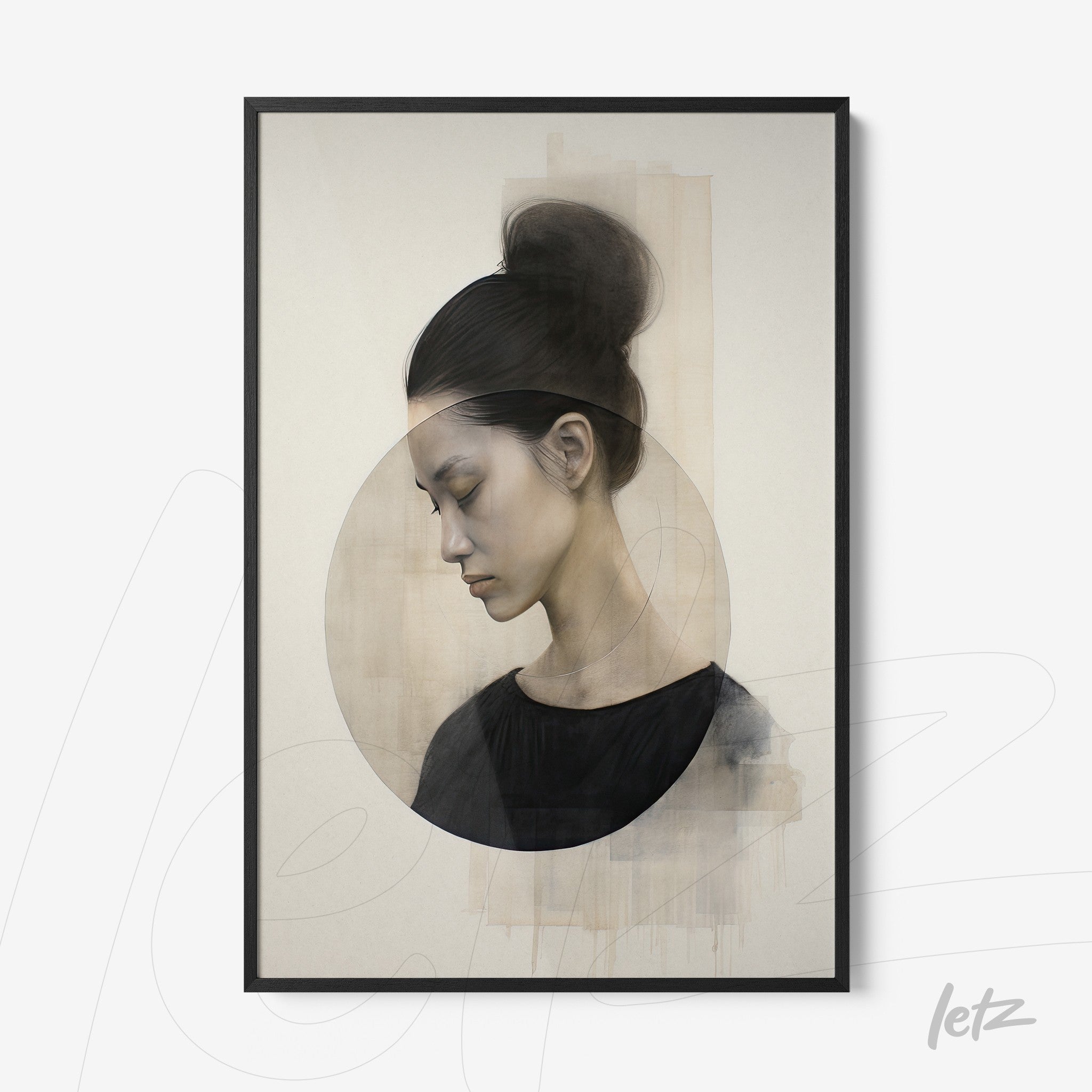 framed wall art featuring a contemporary female portrait in a minimalist composition with natural tones background